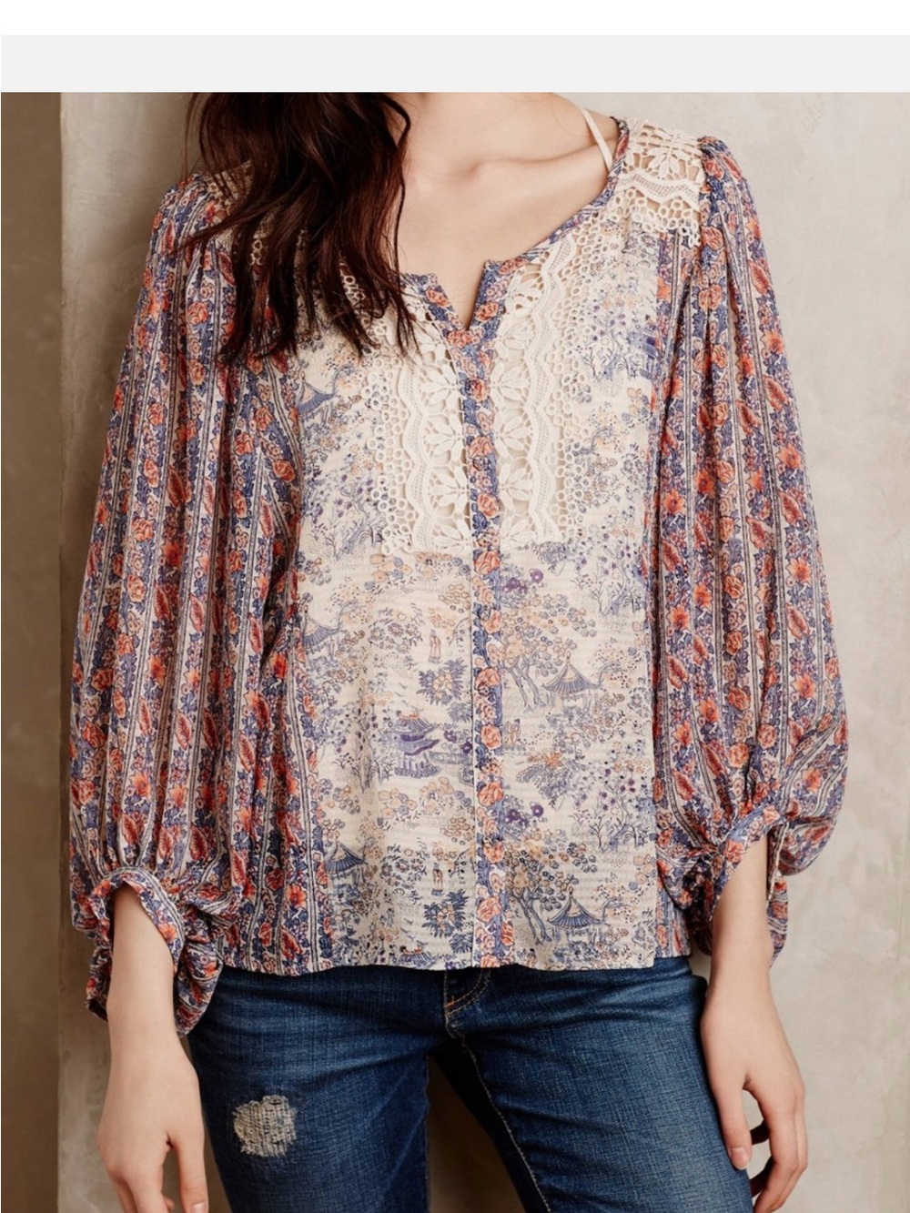 HD in Paris Cream Blouse with Blue and Coral Floral Print